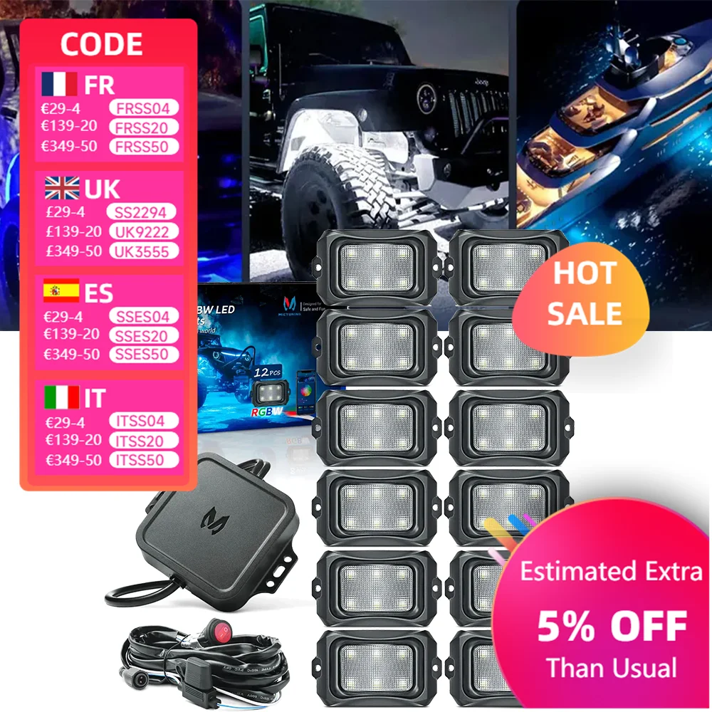 

MICTUNING Updated C2 12 Pods RGBW LED Rock Lights With Kit Wireless App Controller Music Mode Multi-colour For Truck Boat car