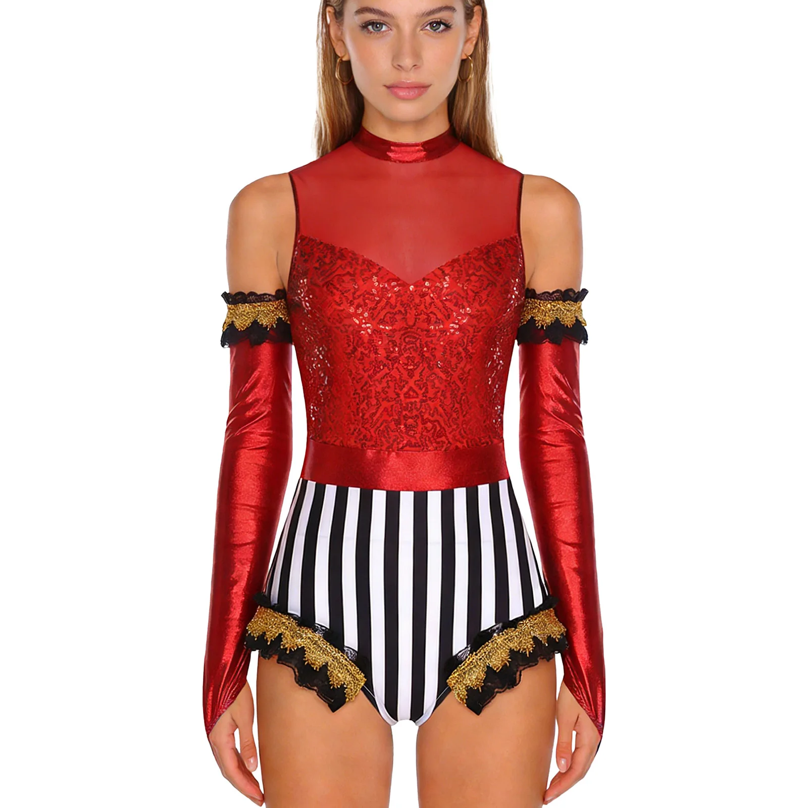 

Women Carnival Party Circus Ringmaster Cosplay Performance Bodysuit Sequined Ruffled Trim Shiny Gloves for Halloween Cosplay