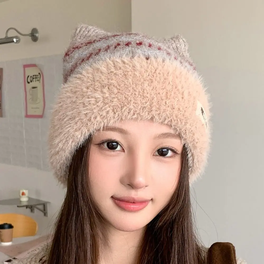 Polyester Knitted Beanie Hat Thick Knit 56cm To 58cm Circumference Fleece Lined Hat Warm Winter Fair Isle Pattern