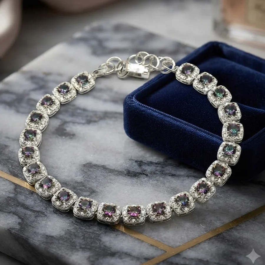 7x7mm Gorgeous Fire Rainbow Mystic Topaz Violet mystic topaz London Blue Violet Tanzanite CZ Women Silver Bracelet 7.5-8.5in