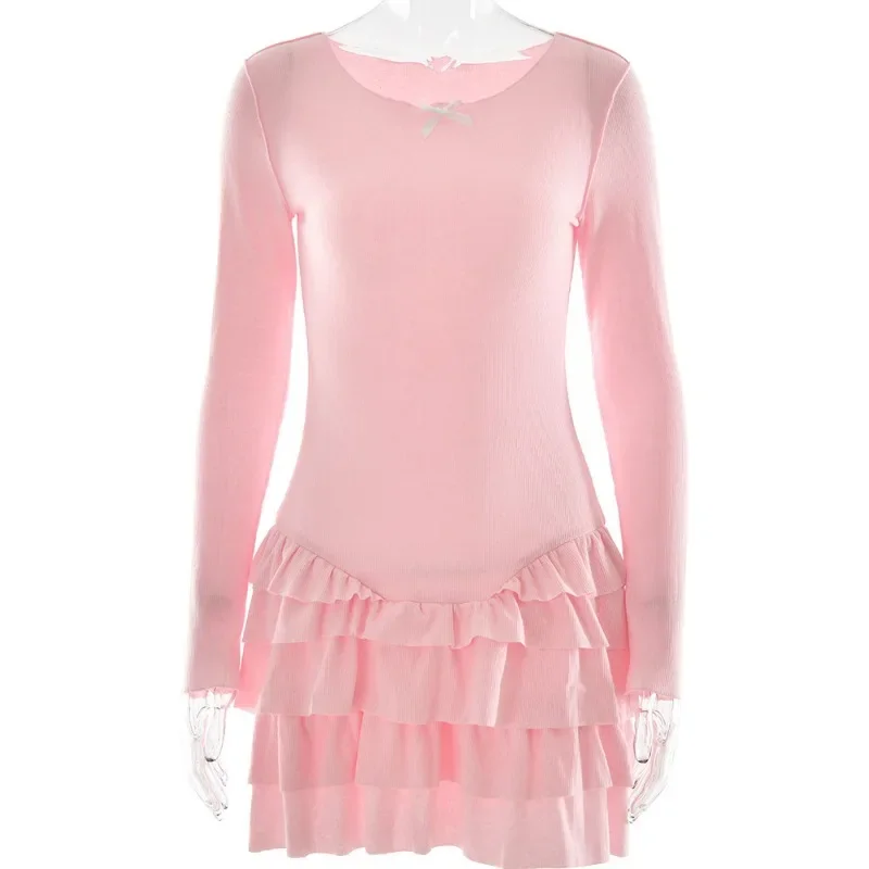 تنورة قصيرة للسيدات على الطراز الأوروبي والأمريكي ذات ثنيات مكدسة بحافة مكشكشة، فستان جديد للفتيات الحارة برقبة دائرية بقصة ضيقة