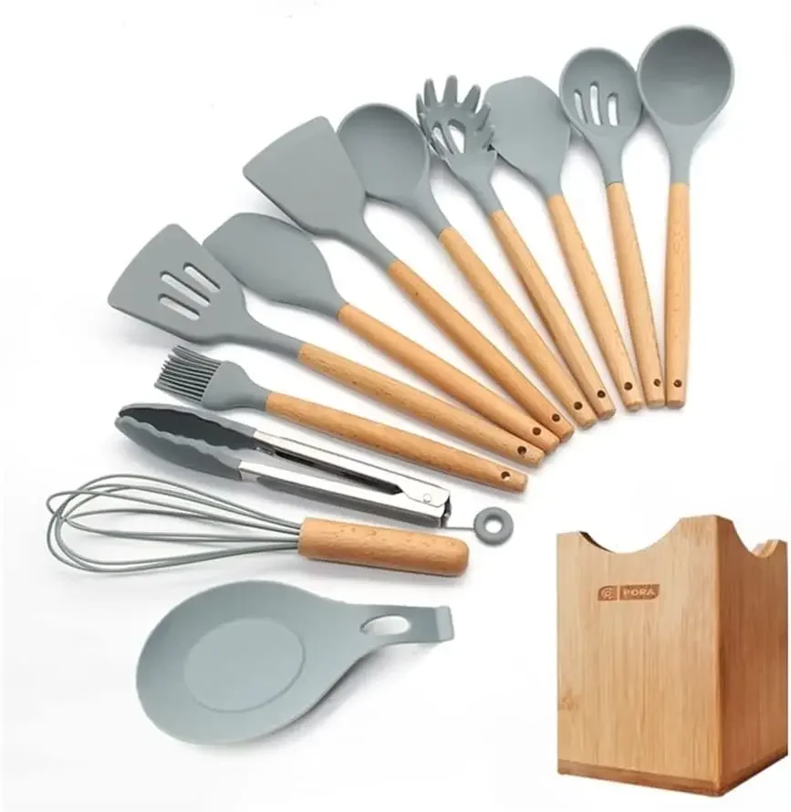 Silicone Set for Kitchen Utensils Wooden Cooking Utensil Spatula Tongs Cooking Utensil Set Heat Resistant Kitchen Tools (Color :