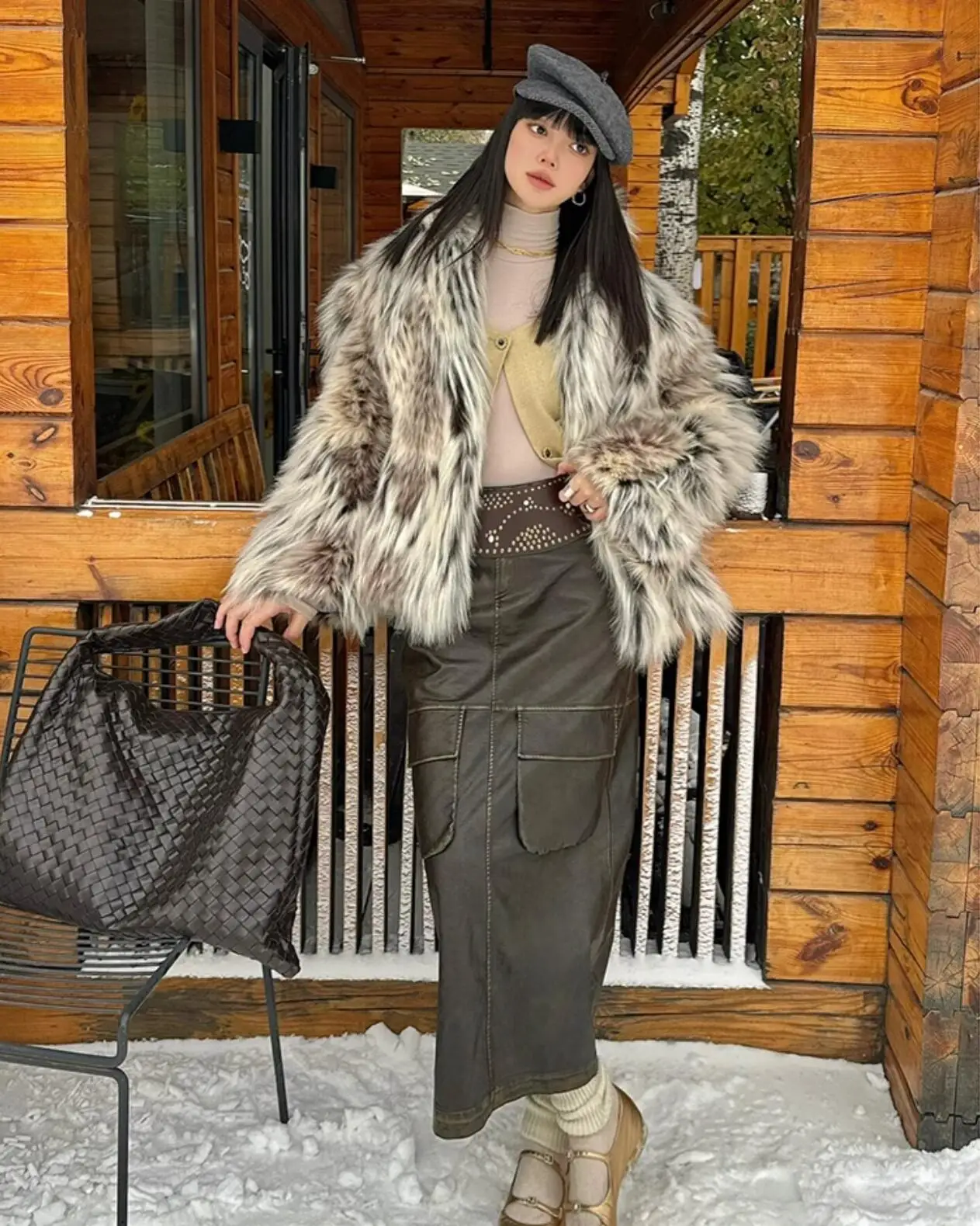 2024 Winter Gradient Leopard Long Hairy Shaggy Faux Fur Coat Full sleeve Furry Women Warm Jacket Lapel Coat Loose Outerwear