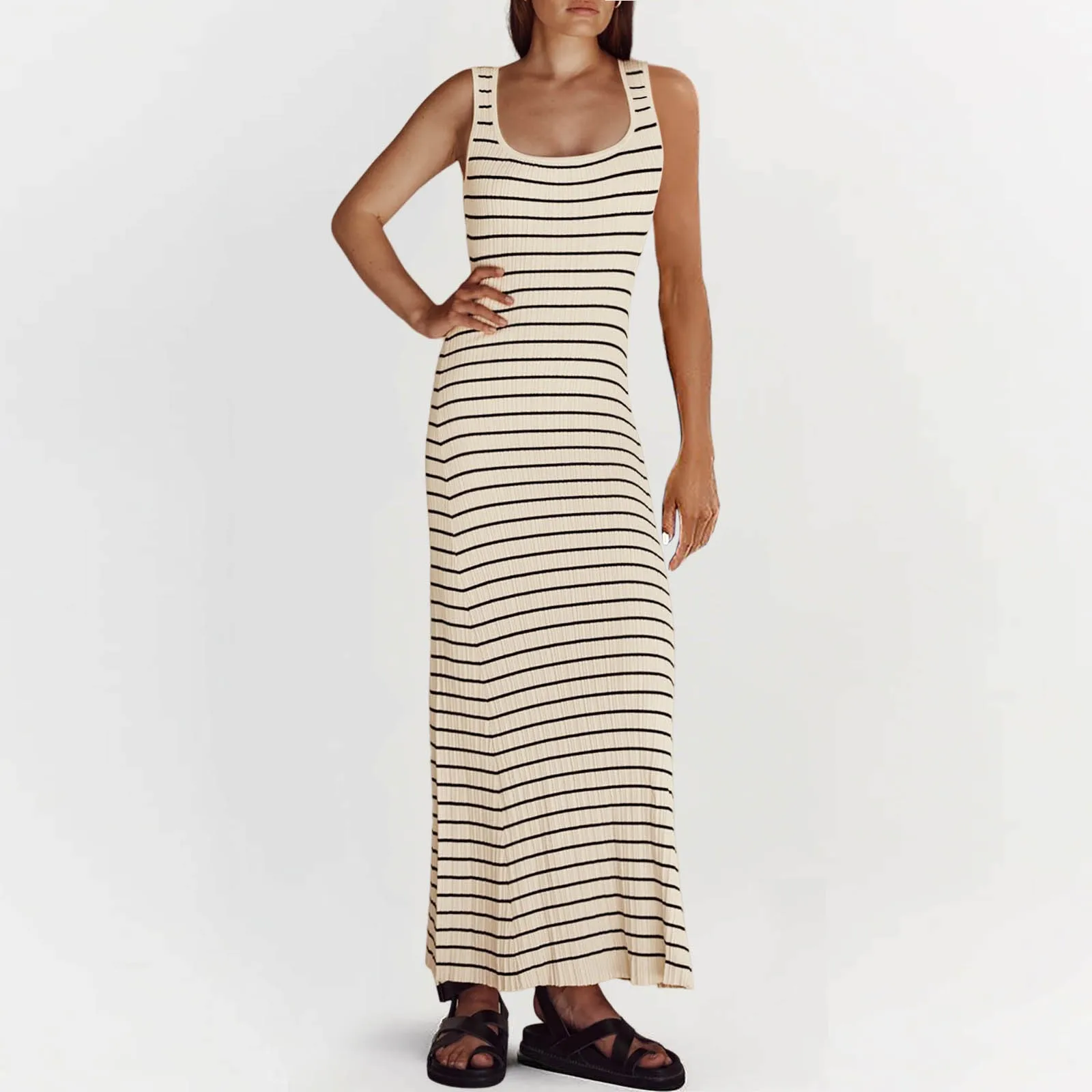 Elegant Knit Stripped Women'S Dress Backless Sleeveless U Neck Holiday Maxi Dresses Female Chic Spaghetti Stap Bodycon Dresses