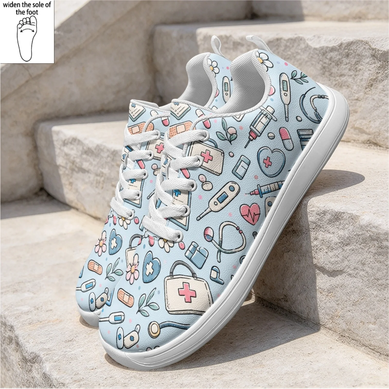 PENSTROLL Medical Element Print Versatile Walking Shoes for Women Hospital Everyday Anti-Skid Nursing Shoes