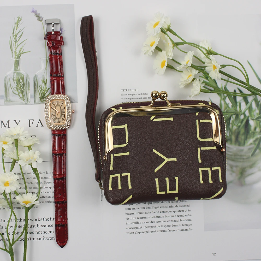 

2pcs Set Women's Wristwatch Clock Wallet Aesthetic Women Soft Leather Strap Rectangle Quartz Ladies Wrist Watch for Daily Use