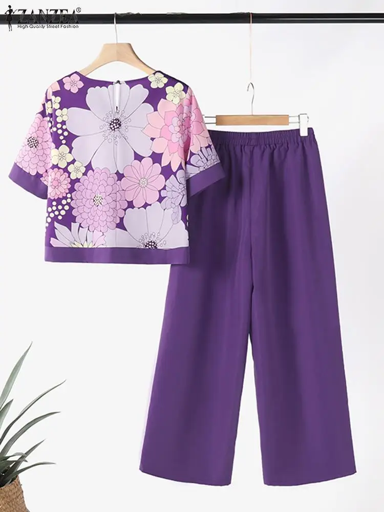 ZANZEA Holiday Summer Pant Sets Wide Leg Trouser Women Top and Pant Casual 2-Piece Sets Floral Print Blouse Korean 2pcs Outfits