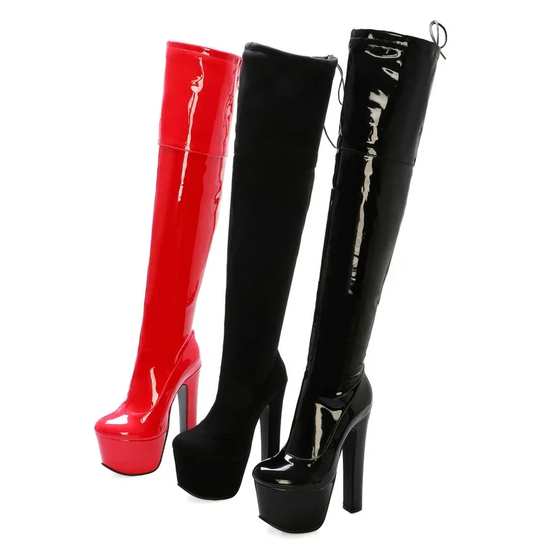 Couro envernizado vermelho sexy super grosso salto alto overknee botas elásticas plataforma strippers sapatos sobre os joelhos tamanho grande 46 45