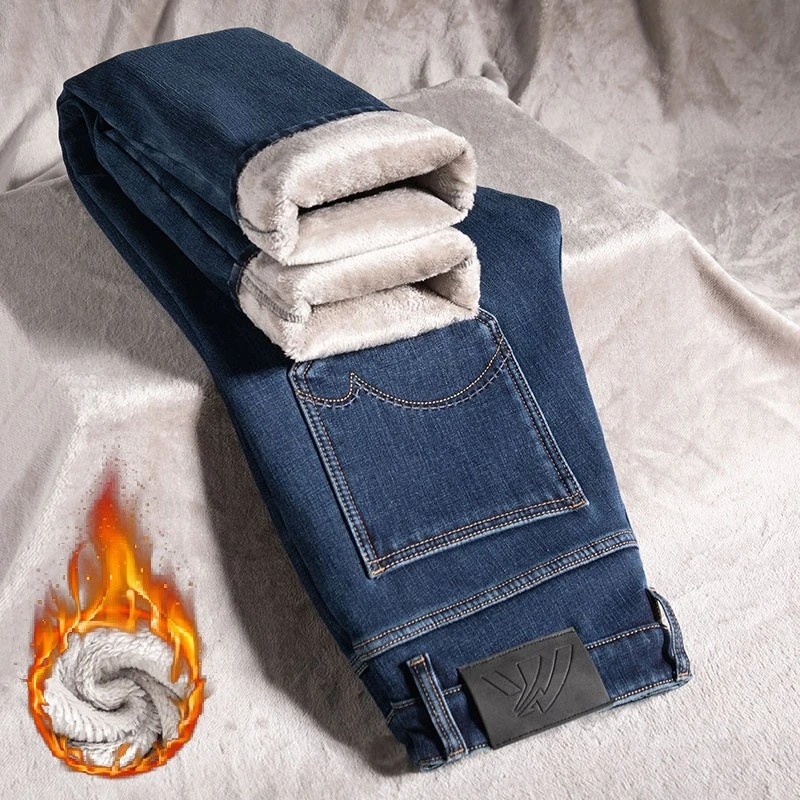 

Классические мужские повседневные деловые джинсы, зимние бархатные теплые прямые джинсовые брюки, модные рабочие флисовые утолщенные теплые стильные брюки