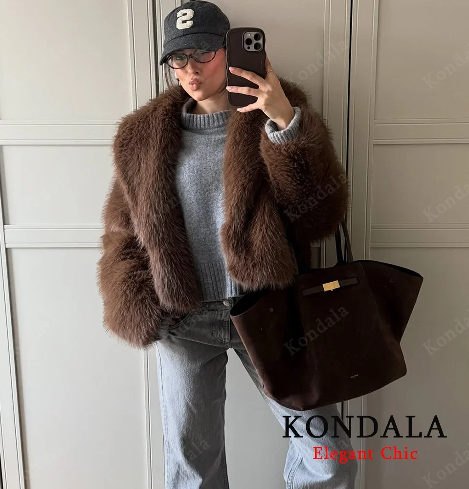 

KONDALA Women Fall Winter Streetwear Faux Fur Coat Big Lapel Jacket Coat Vintage Brown 2025 Fashion Elegant Romantic Lady Coat