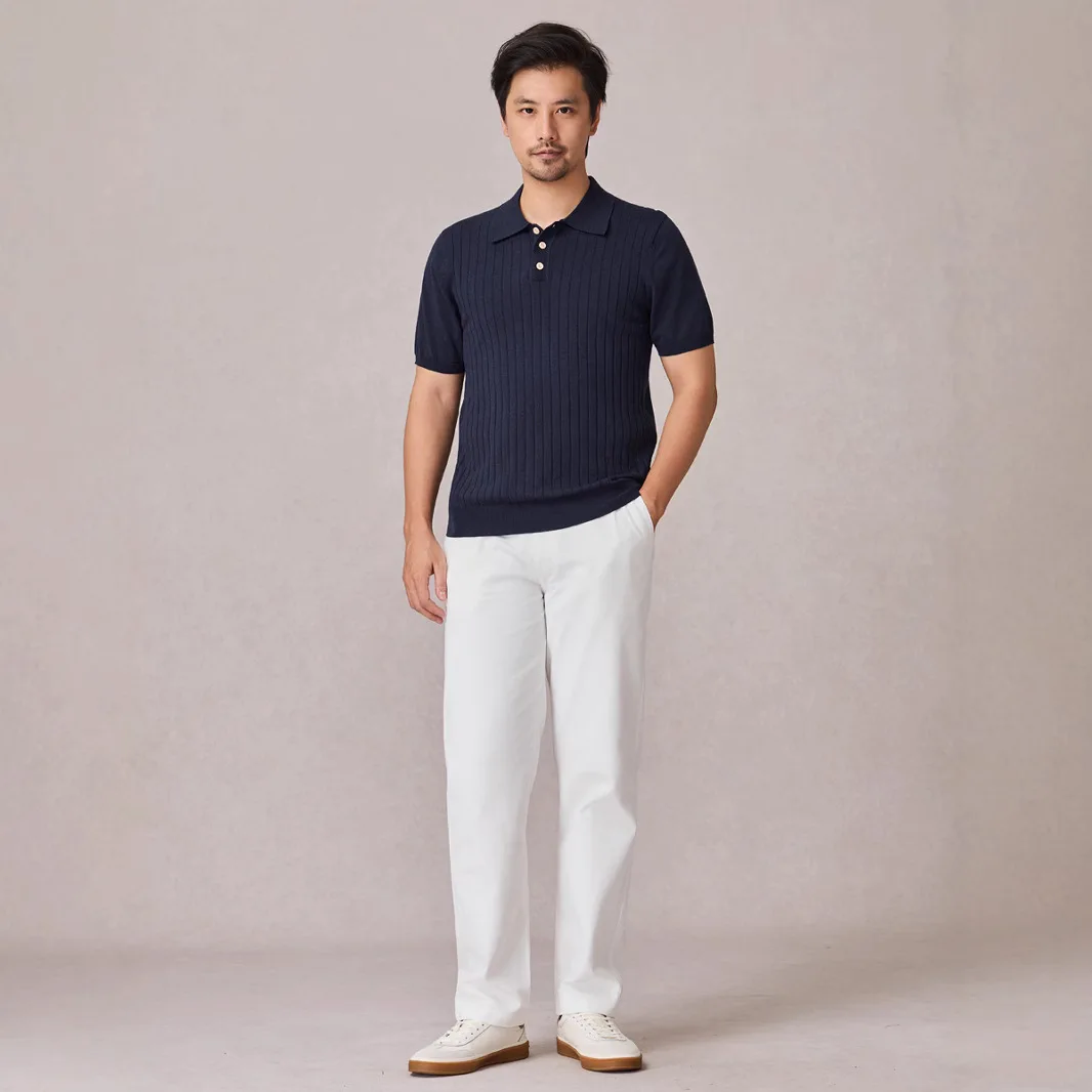 Men's Striped Casual Trendy Simple Basic Turn-down Collar Short Sleeve Slim Knitted T-shirts Male Summer New Fashion Top Clothes