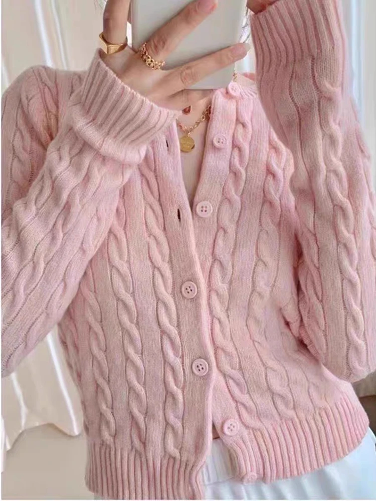 Elegant Women Solid Colour Knit Cardigan 2023 Autumn Casual Ladies O-Neck Single Breasted Sweaters Female Chic Button Tops