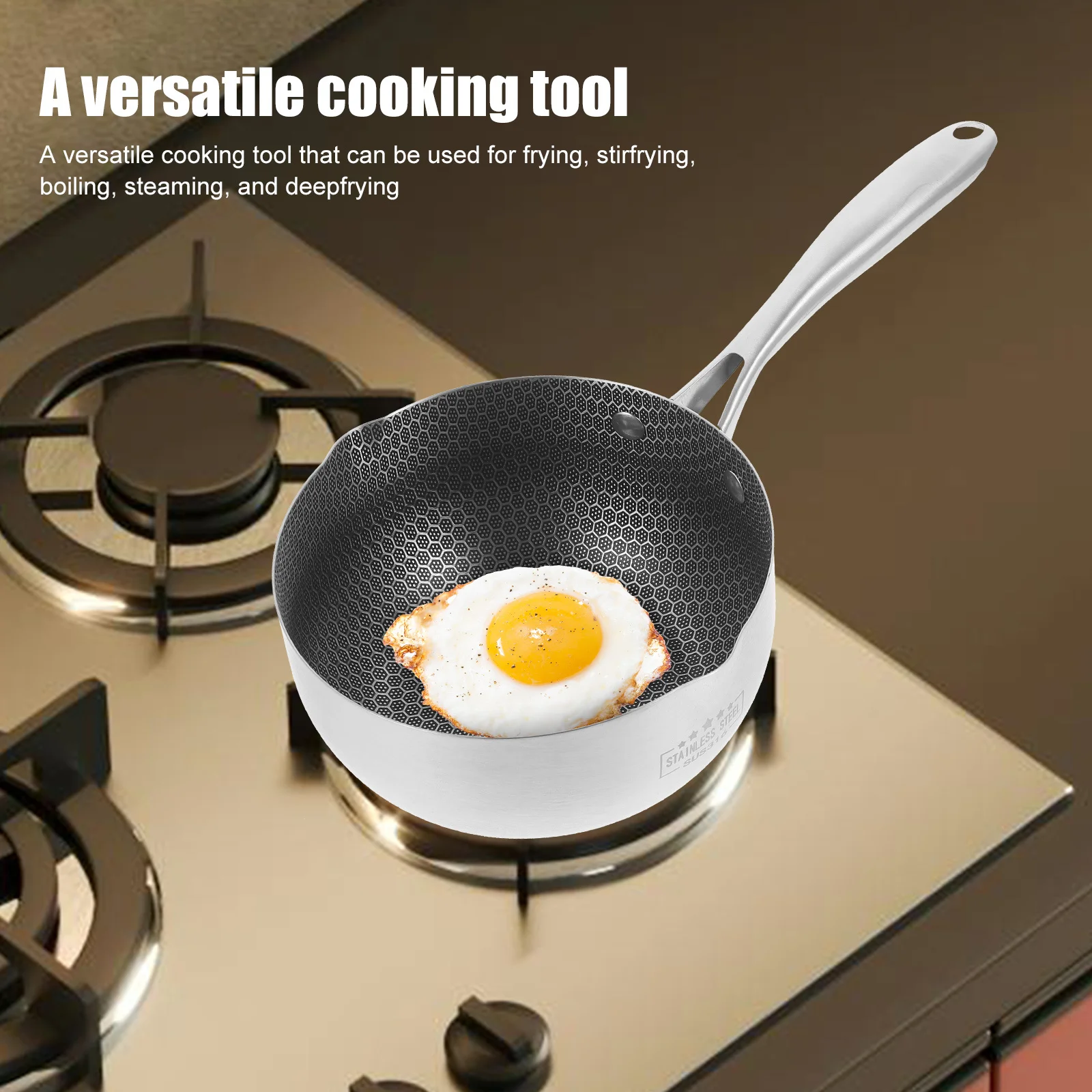 

Stainless Steel Honeycomb Frying Pan Ergonomic Handle Nonstick Pan for Stir Fry Boil Steam Deep Fry Kitchen Cookware