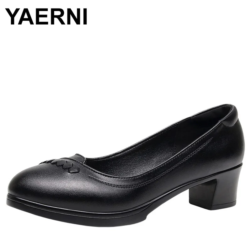 

4cm Comfortable Shallow Mouth Soft Leather Shoes Women Pumps Spring Med Block Heels Shoes Black White for Office Mom Work