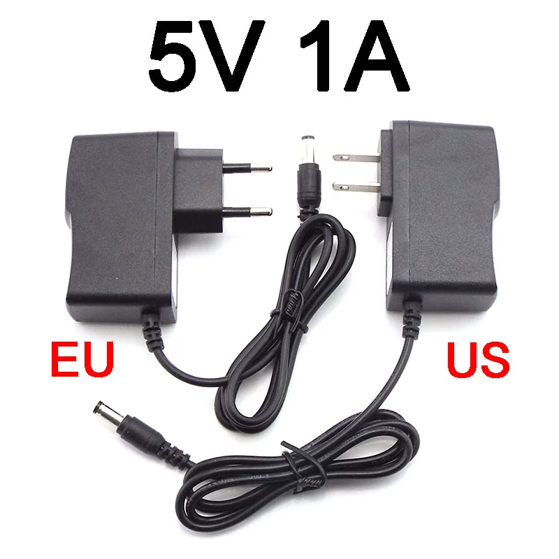 Adaptador de fuente de alimentación de 5V, 1A, 1000ma, CA 100V-240V CC, convertidor de enchufe para tira de luz LED, interruptor de cargador CCTV, 5,5x2,5mm, enchufe estadounidense/europeo