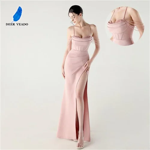 DEERVEADO Vestido de noche de satén suave con tirantes para mujer con cuentas Vestidos de fiesta con abertura de sirena sexy Vestido largo para ocasiones formales Gala