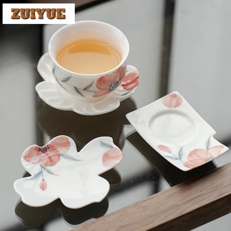 

2pc/lot Hand-painted Peach Blossom Coasters Antique Mug Plate For Coffee Cups Saucer Anti-scald Placemats Cup Holder Drinkware