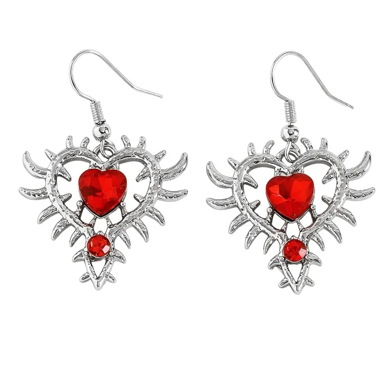 Gothic Red Spiky Heart Earrings for Women Silver Color Edgy Punk Thorn Spiked Heart Dangle Earrings Y2K Jewel Accessories