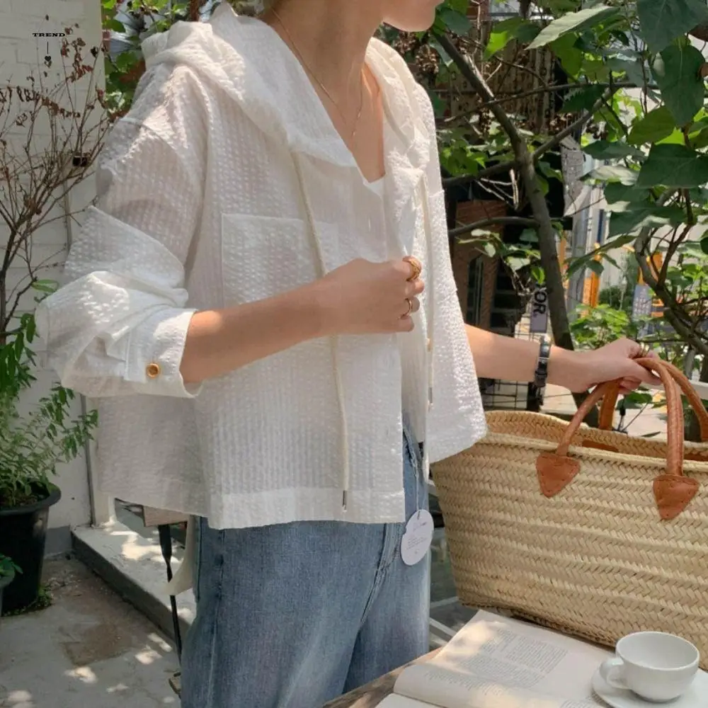 

Модная полосатая рубашка с капюшоном на шнурке, солнцезащитный крем, рубашка с длинными рукавами в стиле ретро, шикарные свободные толстовки для женщин, весна