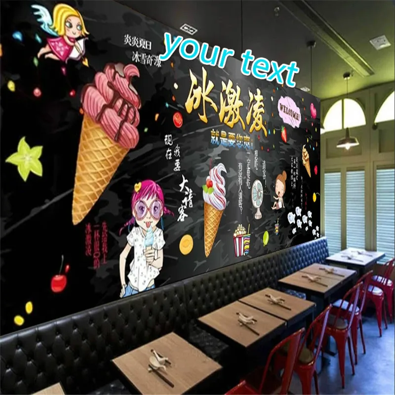 

Custom Any Text Ice Cream Wall Paper 3D Afternoon Tea Dessert Shop Snack Bar Dessert Station Industrial Decor Mural Wallpaper 3D