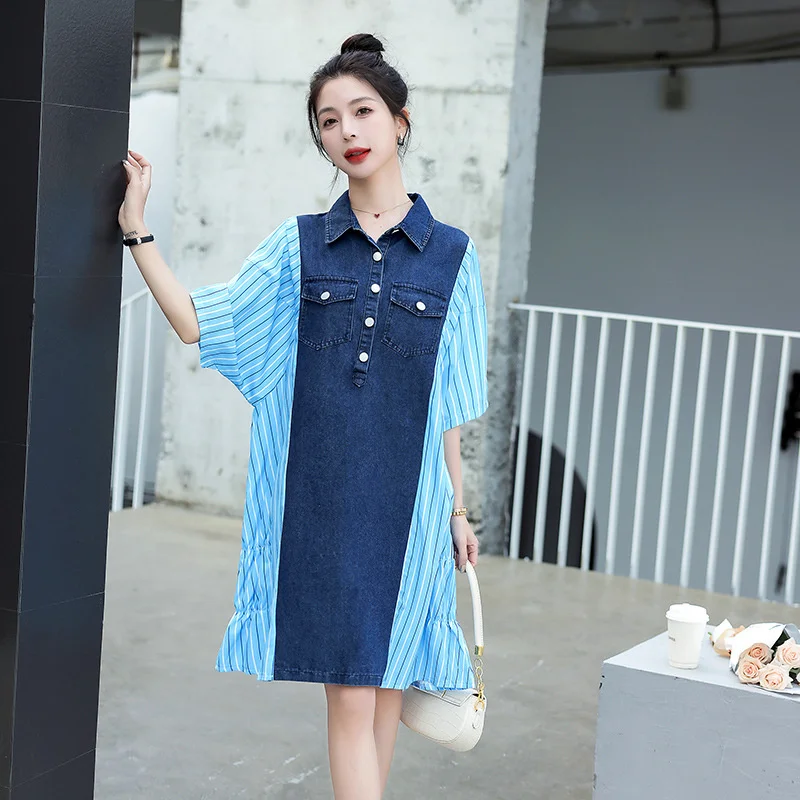 #3144 Summer Denim Shirt Dress Women Batwing Sleeve Loose Polo Neck Spliced Color Asymmetrical Short Shirt Dress Female Buttons