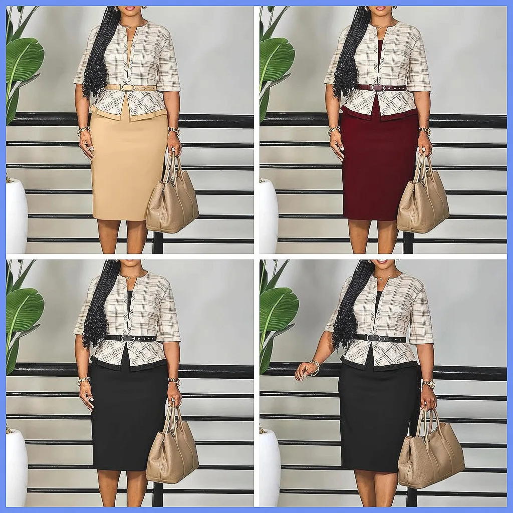 

Fashion Women's V-Neck Pencil Dress with Belt, Elegant Print Patchwork Office Party Mid-Length Dress