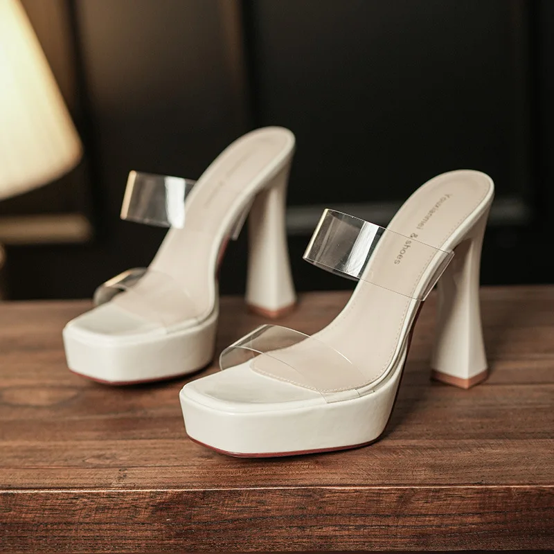 

2025 Summer Fashion Pumps Sexy Square Head PVC Chunky Heeled High Heels Transparent Slippers Women Party Wedding Shoes