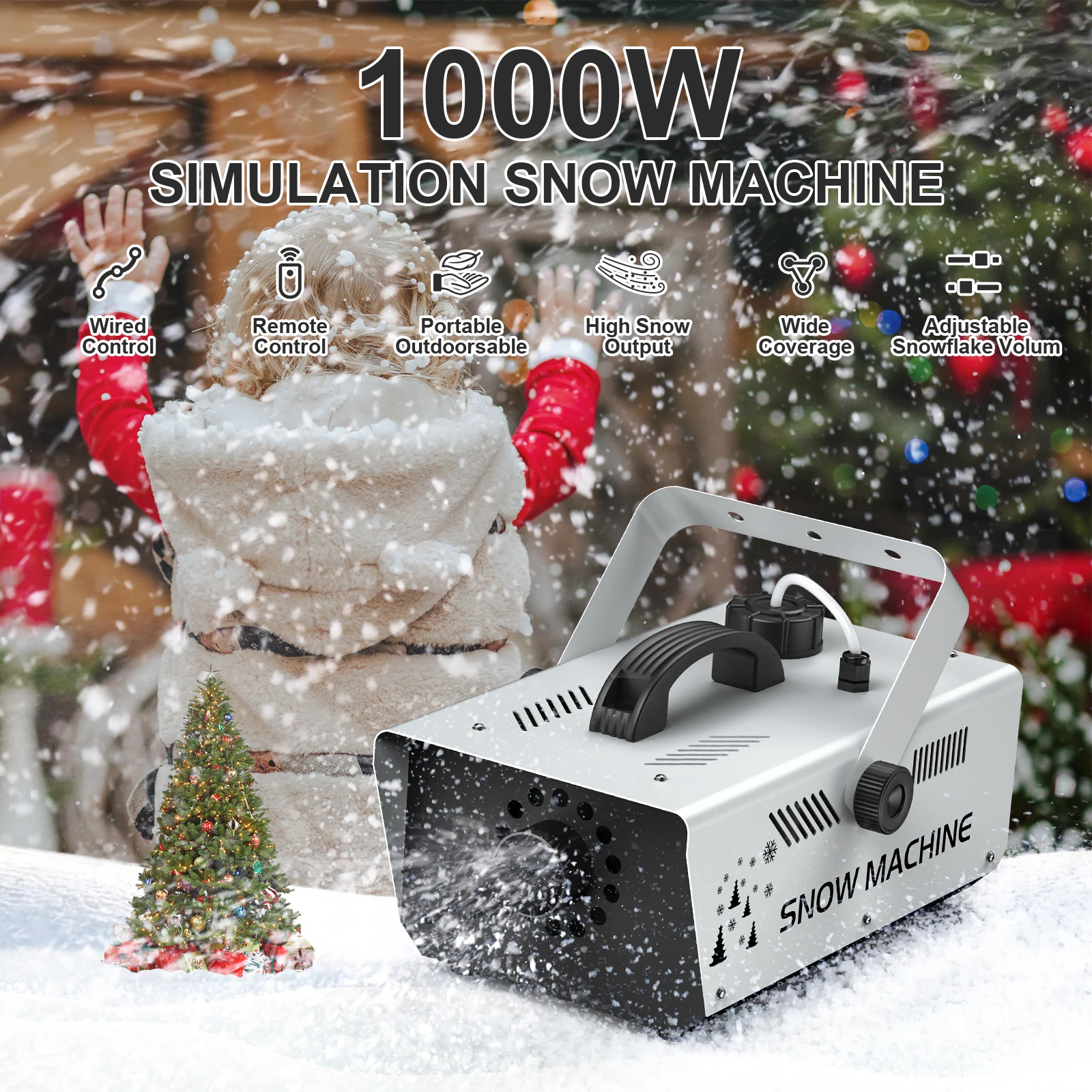 Máquina de nieve U'King de 1000W, Control remoto inalámbrico y con cable, máquinas para hacer copos de nieve artificiales, tamaño ajustable de copo de nieve