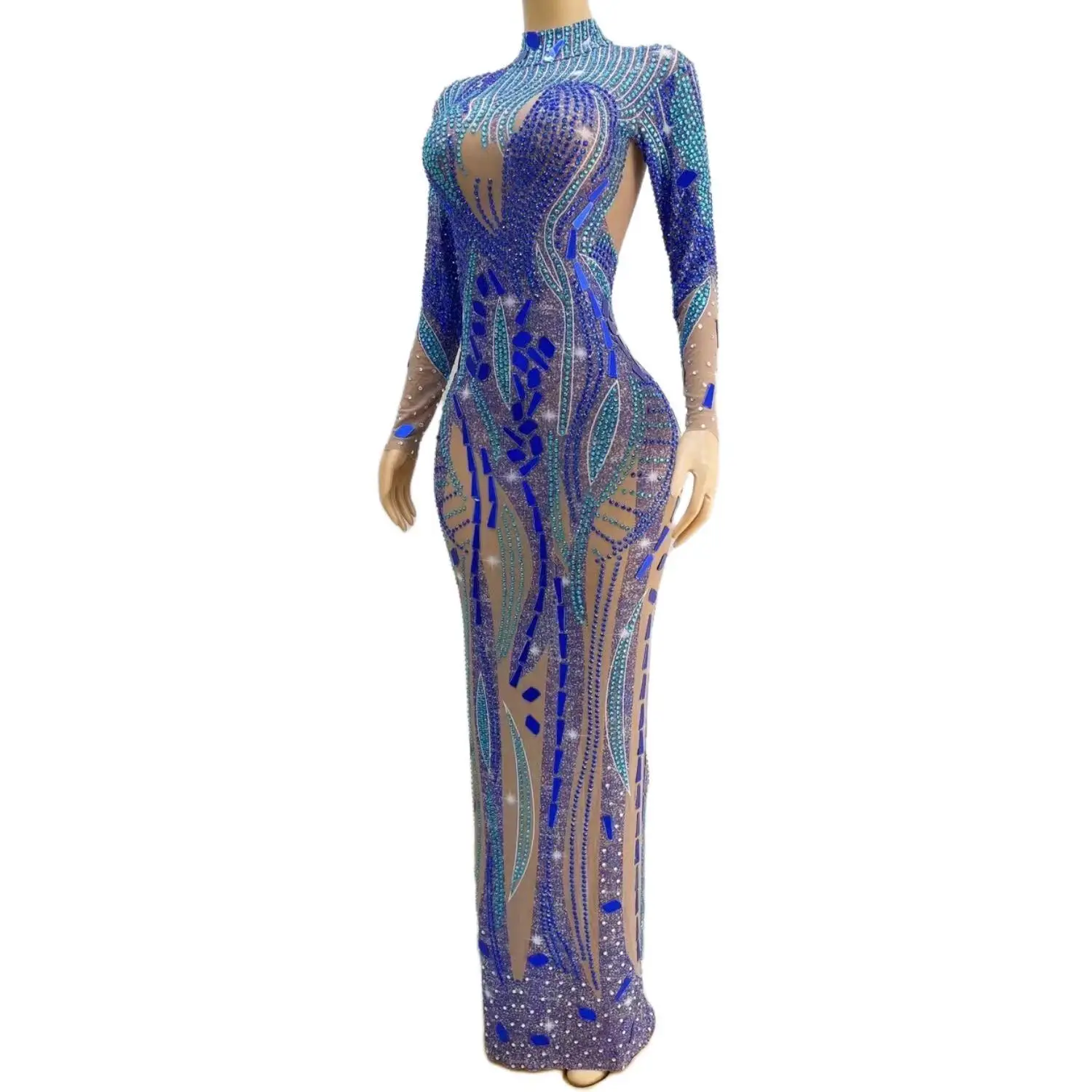 Xingkongding-Robe de Rhde luxe à col rond transparent pour femmes, robes longues bleues sexy pour filles, diamant noir, fente latérale, fête de Rh, quelque soit Xingkongding, 2024