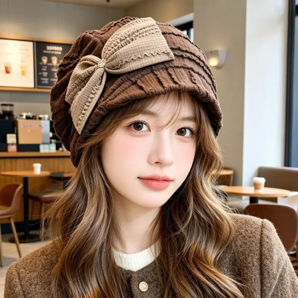 Soft Material Knitted Bucket Hat Foldable Design Adjustable Drawstring Ear-Covering Hat Bow Decoration Double-Layer Knitted