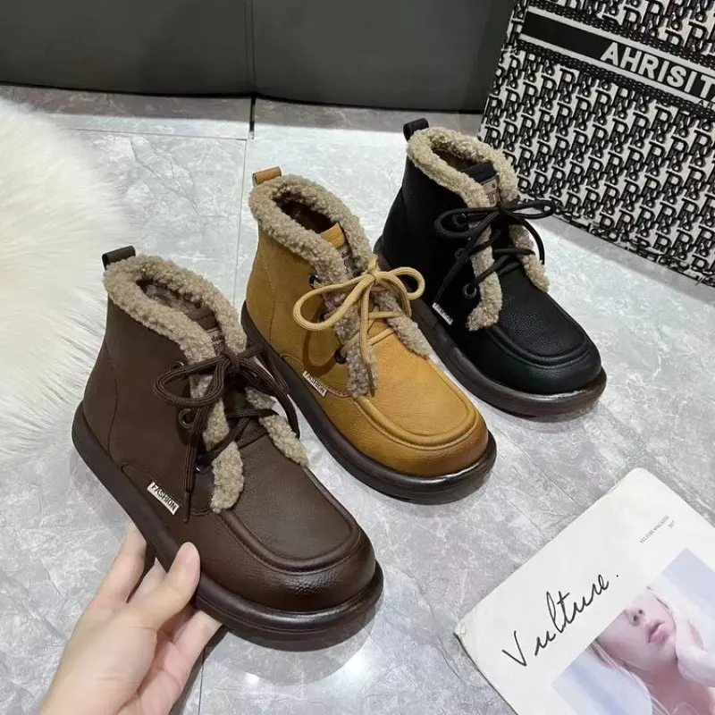 Женские нескользящие ботинки на плоской подошве, с плюшевой подкладкой
