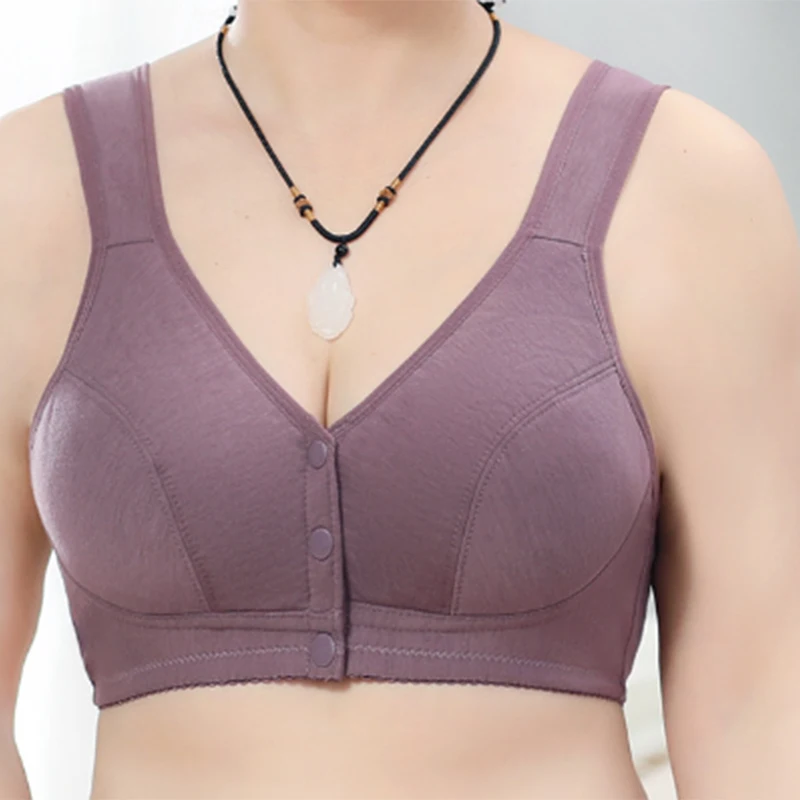 FINETOO 1Pcs Mother Front Open Bra Pure Cotton Bra Plus Size Gather Underwear Women\'s Thin Bra Without Steel Ring Vest Style Bra