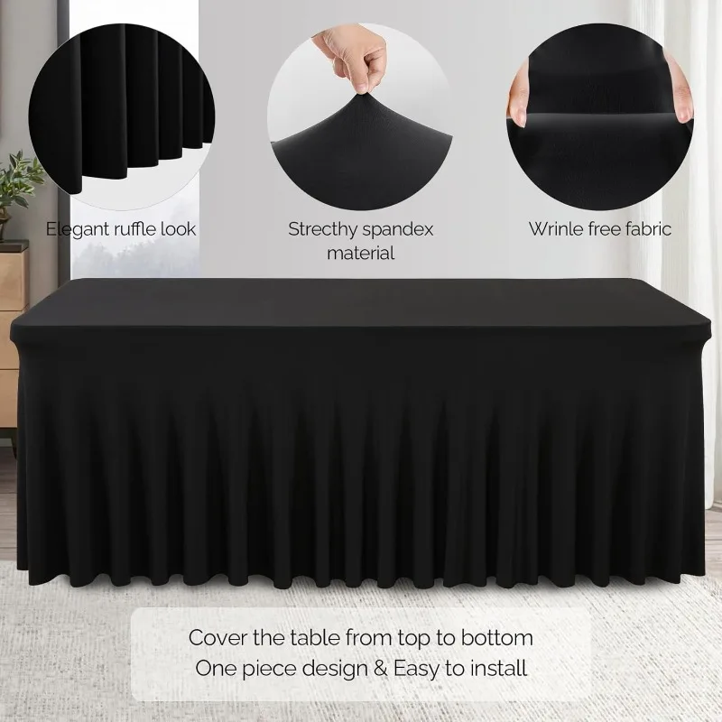 

2 Pack Black Spandex Table Cloths - Fitted, Wrinkle Free, 6ft Rectangle Table Cover for Party, Banquet, Wedding & Events