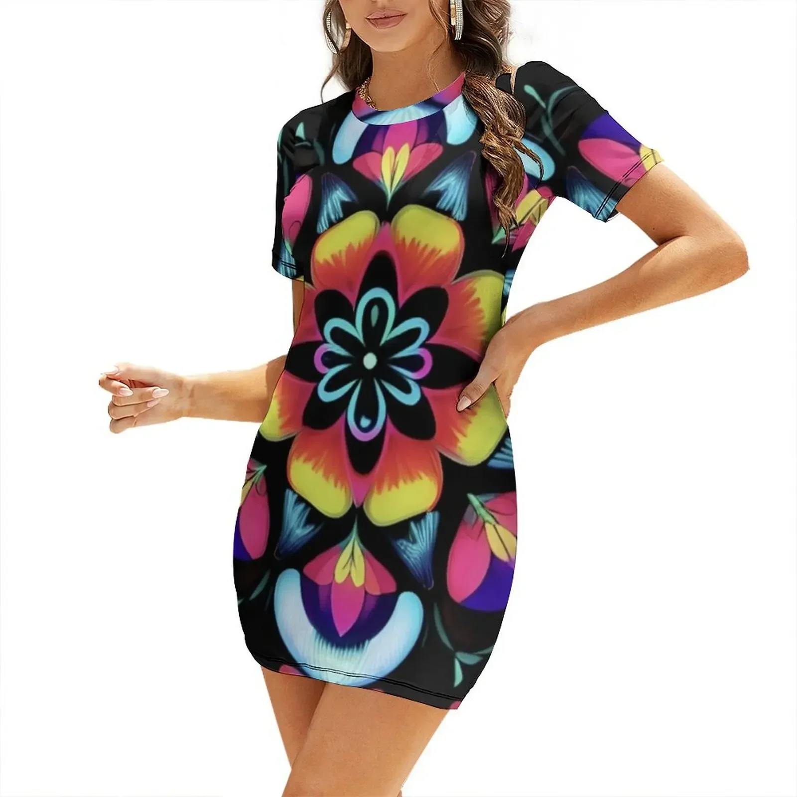 

60s style neon flowers Short-Sleeved Dress summer woman dress 2026 women's evening dresses 2026 women formal occasion dresses