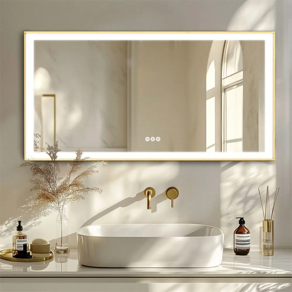 Large LED Bathroom Mirror Rectangular Wall Vanity Mirror with Colour Illuminated Dimmable Antifog Golden Frame IP56 Rated 1400mm