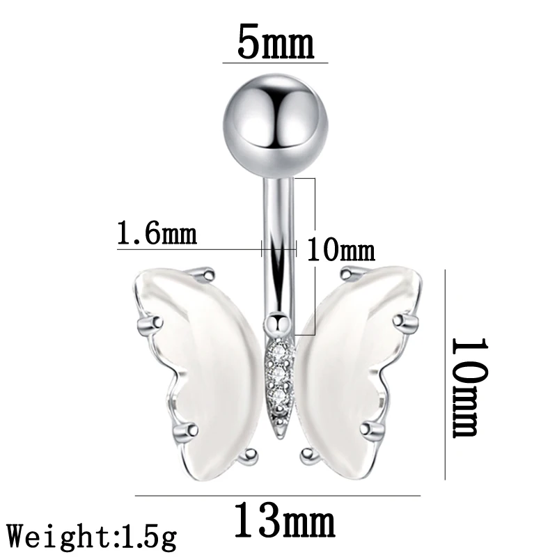 Belly Button Ring for Women Butterfly Shape Prong Setting Crystal Stone 14G Stainless Steel Rod Body Piercing Fashion Jewelry