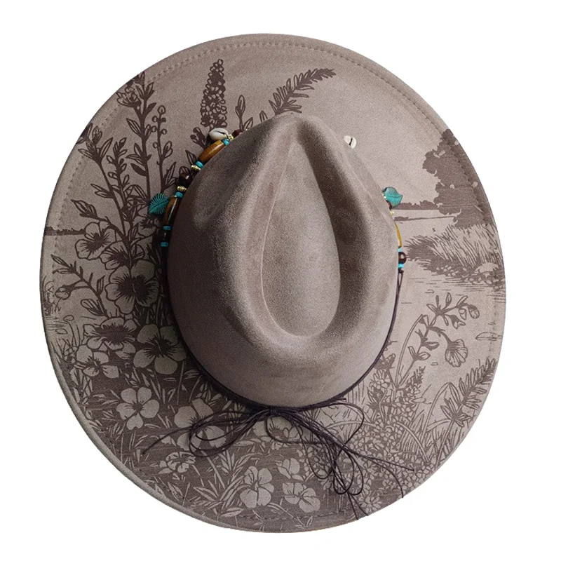 Customizable Patterns Suede Burned hat Finish Fedora 9.5cm Brim Early Autumn Style featuring pyrography and burn effect