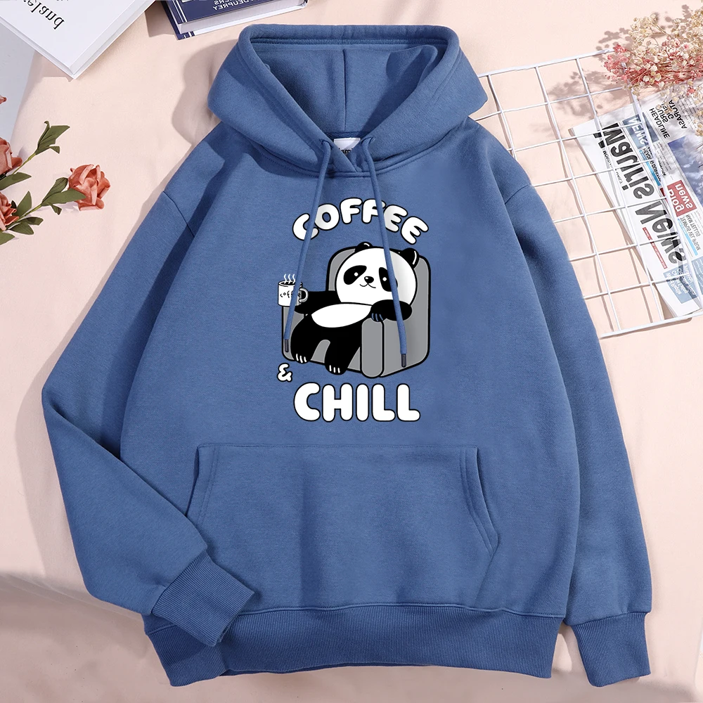 Coffee Chill Panda Enjoying Time Men Women Streetwear Hip Hop Fleece Hoodies Pocket Loose Sweatshirt Casual Oversize Hoody Man