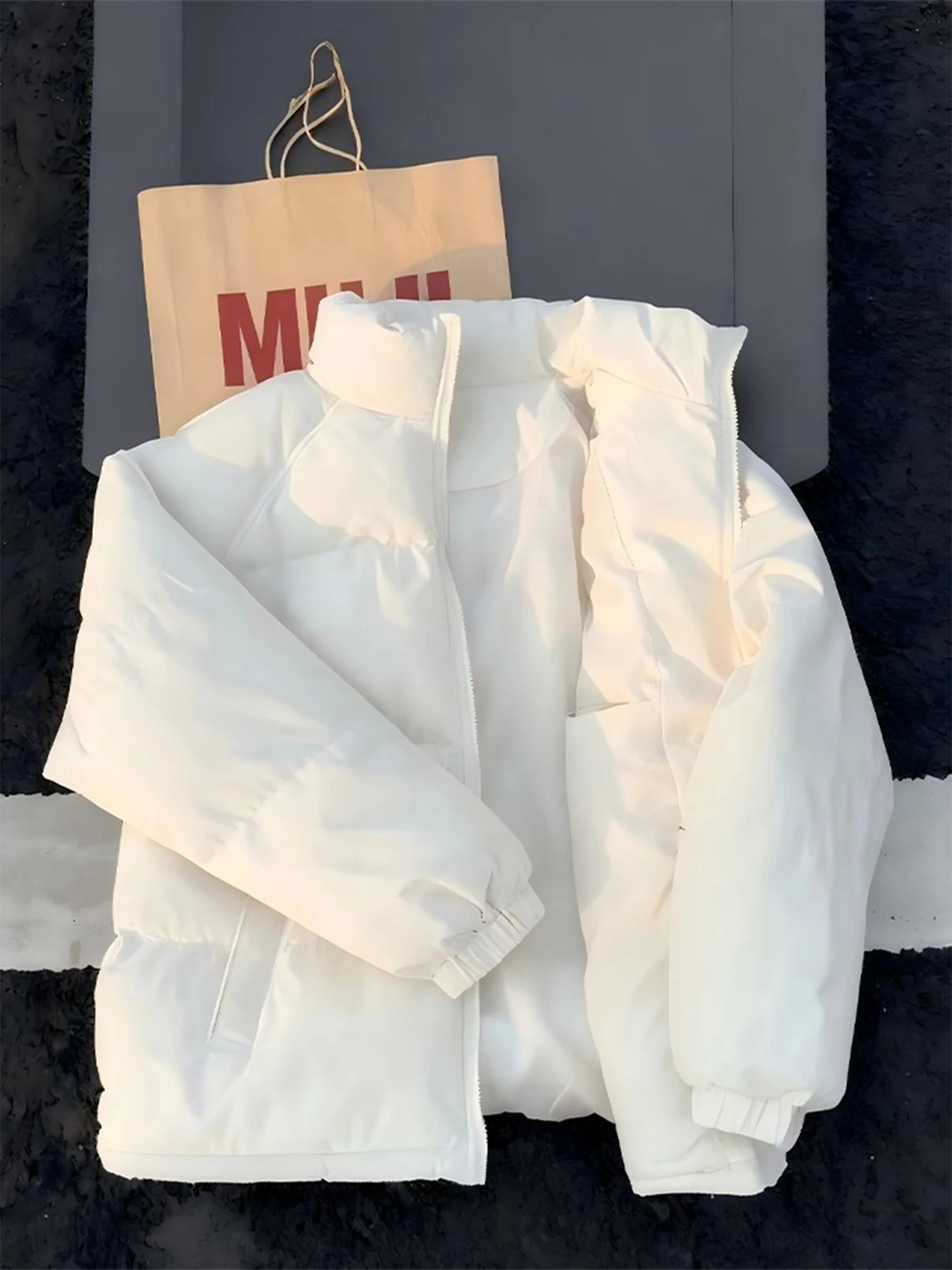 

Cleanfit Thiened Cotton Jaet Men's Winter Coat Stand Collar Couple's Outerwear Beige American Lazy High-End Feeling Cotto...