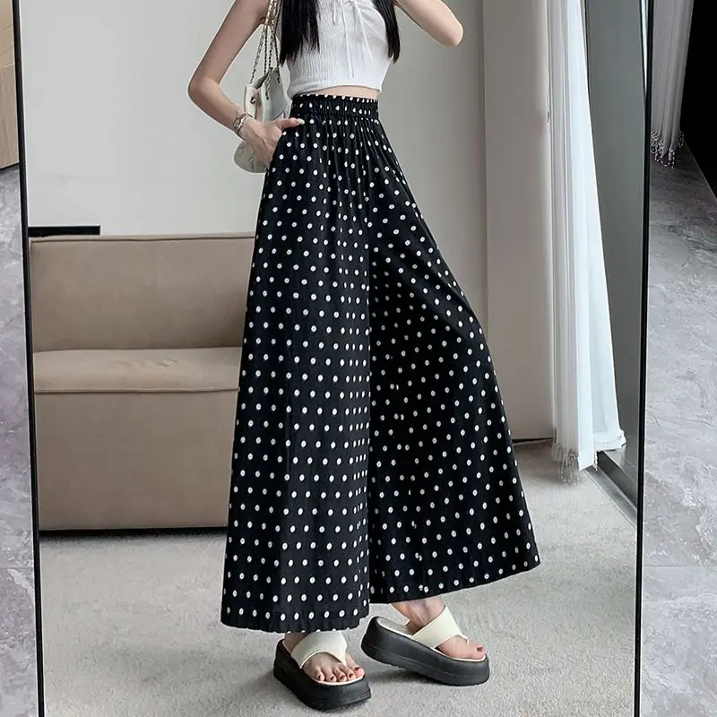 Polka Dot Ice Silk Wide Leg Palazzo Pants Skirt Women Summer High Waist Flowy Slimming Culottes
