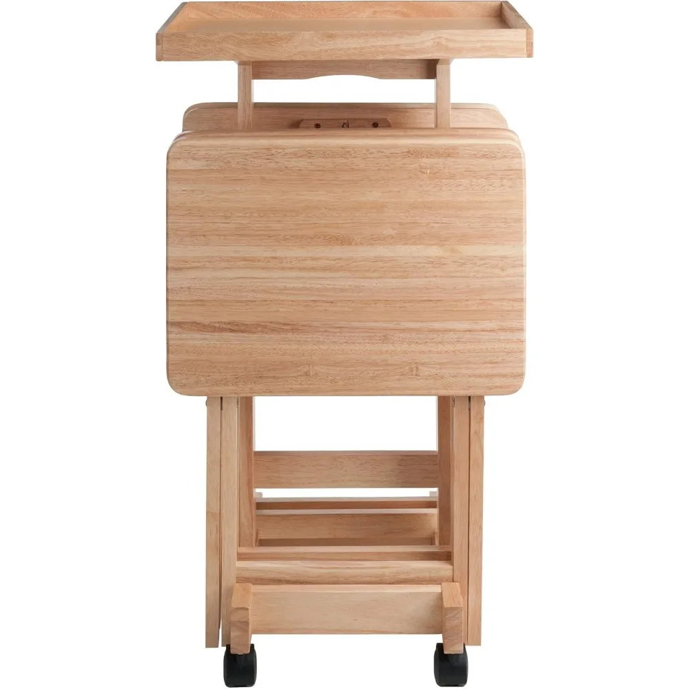 Isabelle Snack Table Set with Mobile Stand, for Living Room, Patio, Natural, Set of 4 Tables