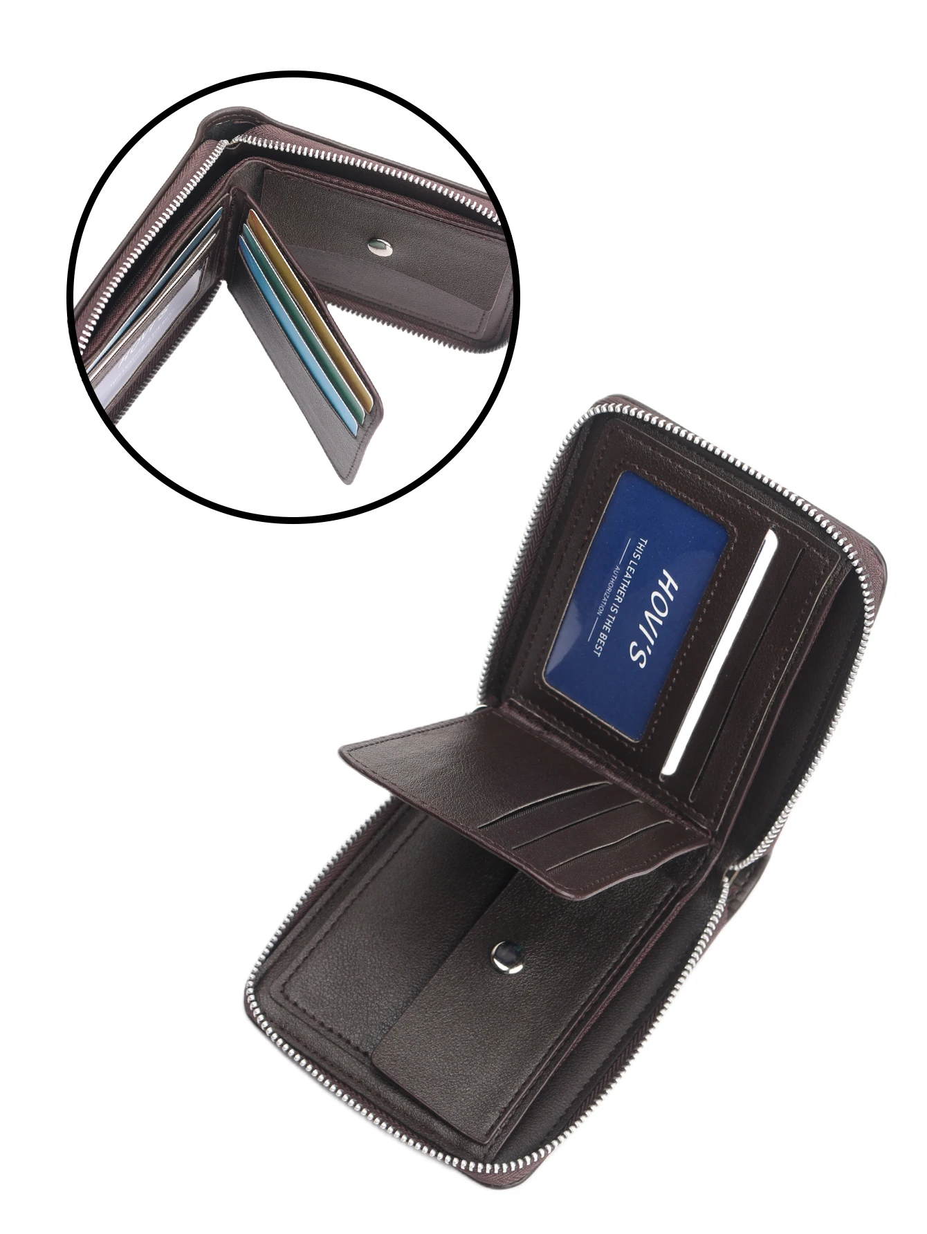 محفظة HOVI'S للرجال من جلد البولي يوريثان، محفظة رفيعة وخفيفة الوزن بسحاب للعملات المعدنية مع فتحات متعددة للبطاقات ونافذة معرف الصور