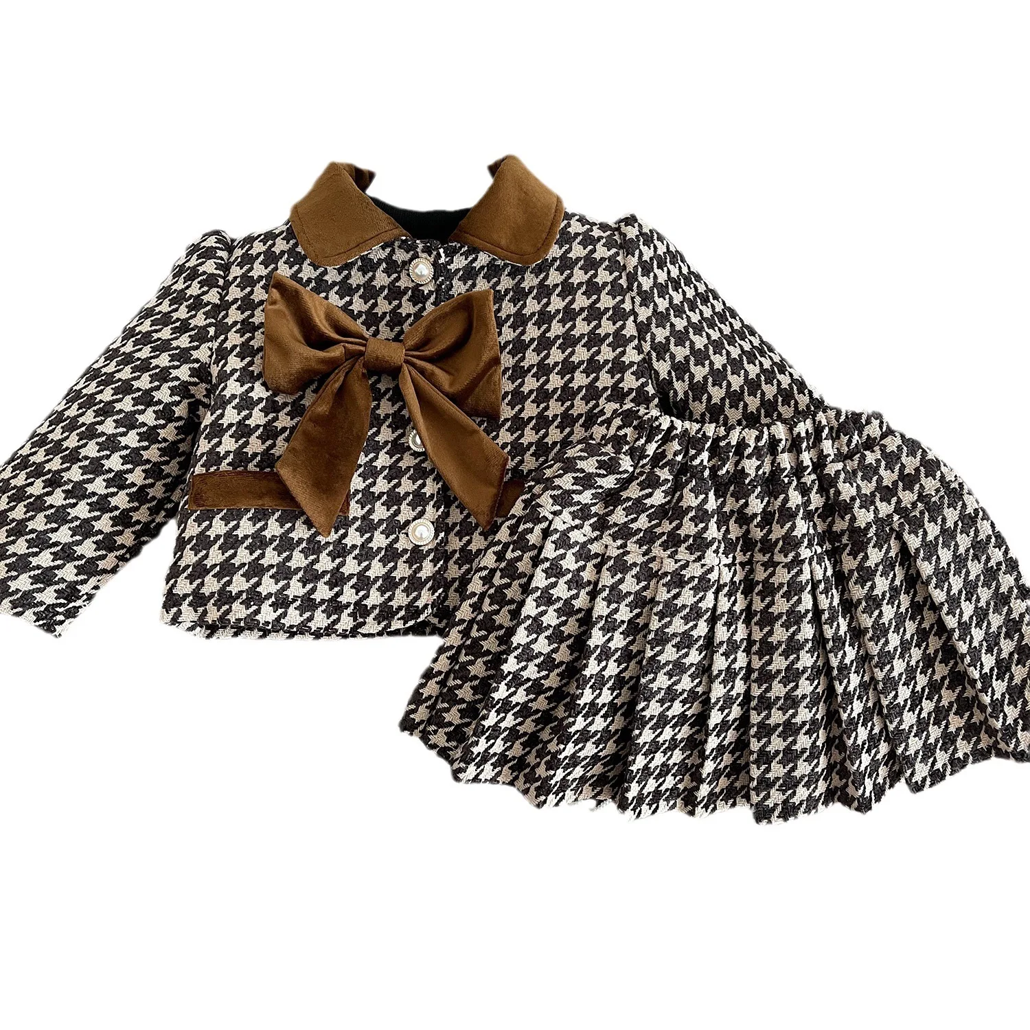 Winter Children Girl 2PCS Clothes Set Cotton Padded Bow Turn Down Collar Coat Houndstooth Thcken Pleated Skirts Baby Girl Outfit