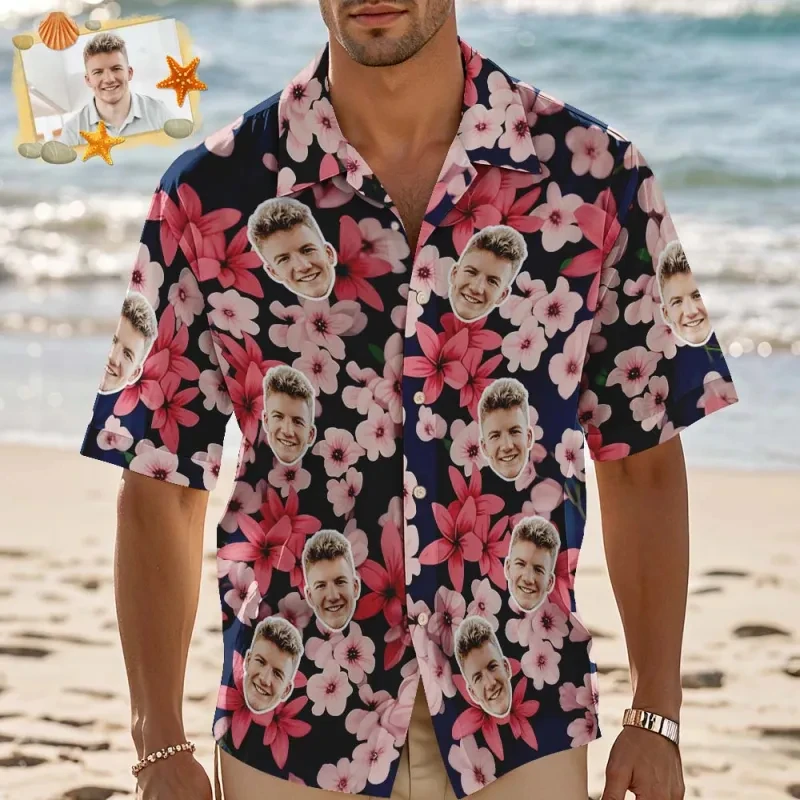 

Trendy Custom Face Hawaiian Shirt Jungle Flamingo Pineapple Hibiscus Monochrome Print Buttons Beach Vacation Diy Photo Blouses