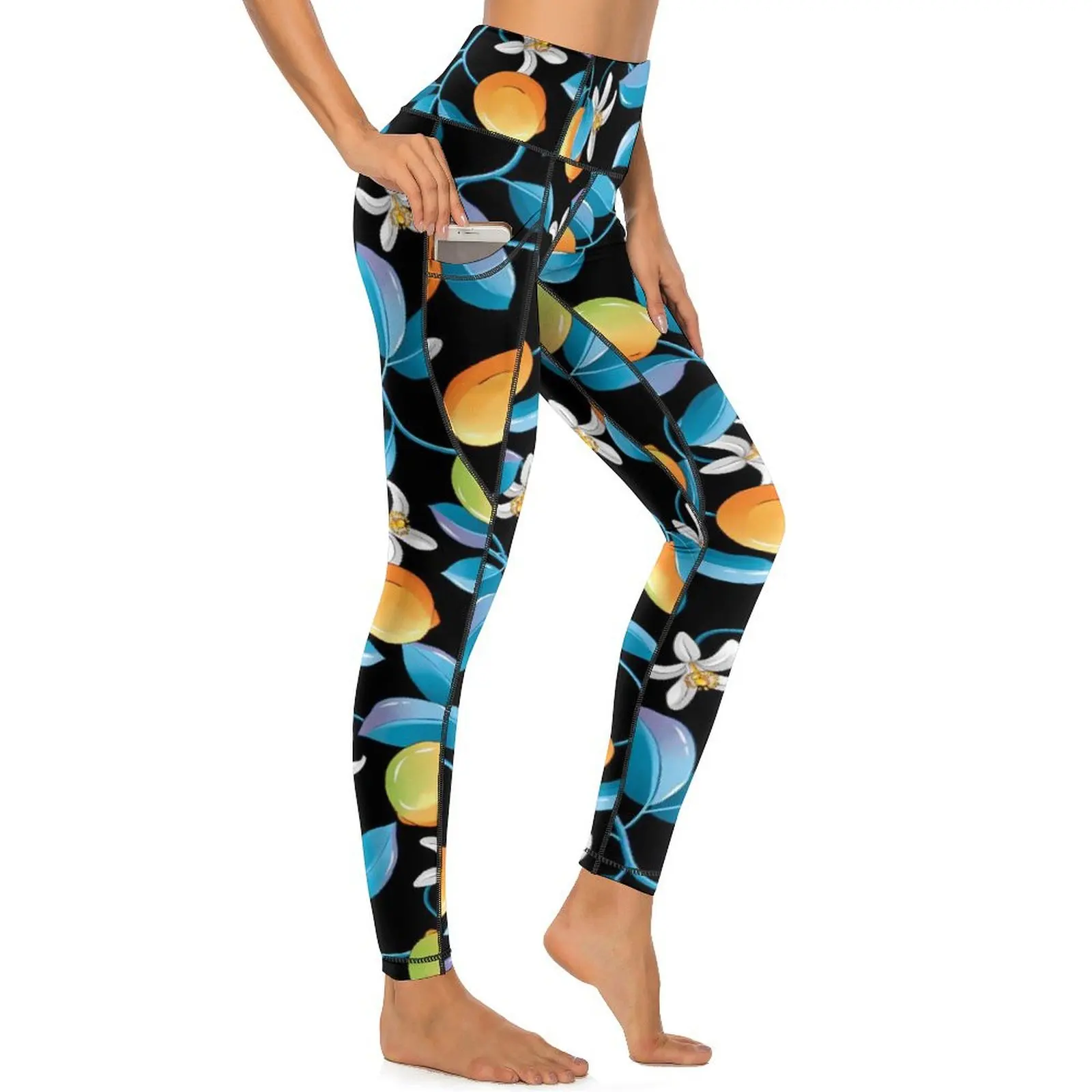 Lemons Fruit Print Leggings Blue Leaves Gym Yoga Pants Push Up Cute Leggins Stretch Custom Sports Tights Birthday Gift