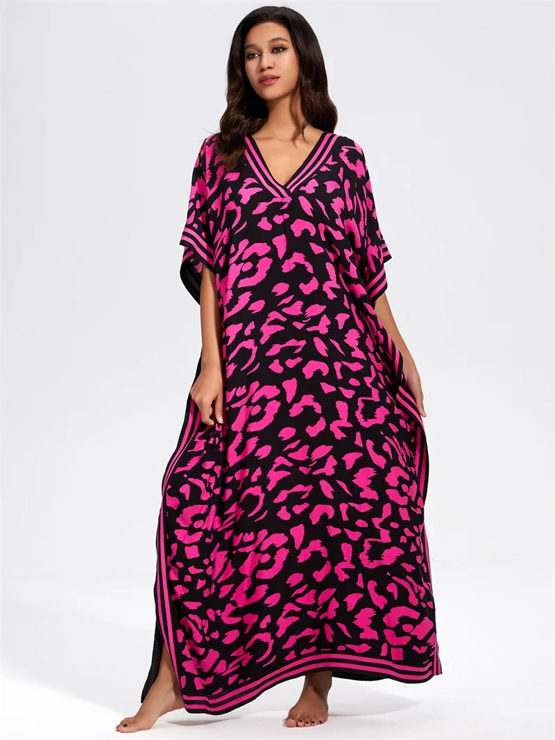 Donne Rose Red Print grembiule estate Split Hem tuta femminile allentato Bikini Cover-up profondo scollo a V Pullover maniche corte abito lungo