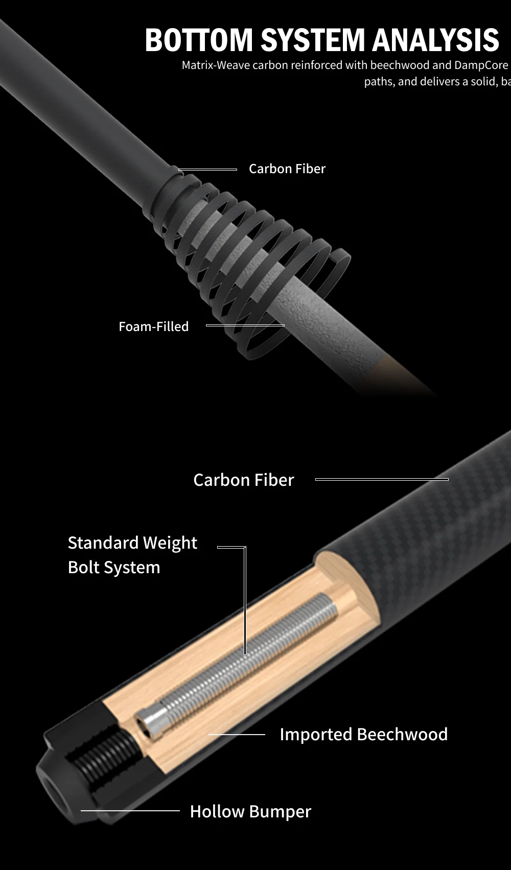 Billardqueue mit Carbonfaser-Schaft, geringer Ablenkung, 58 Zoll, 12,5 mm Spitze, 3/8x8 Verbindung, verstellbares Gewicht, 8/9 Ball, CRICAL – Detail 5