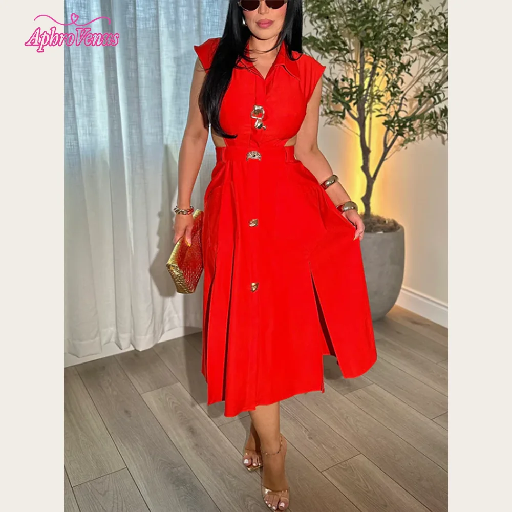 

European and American Ladies Skirts Fashion Summer Solid Color Elegant Hollow Out Dress Turndown Collar Long Dresses New Arrival
