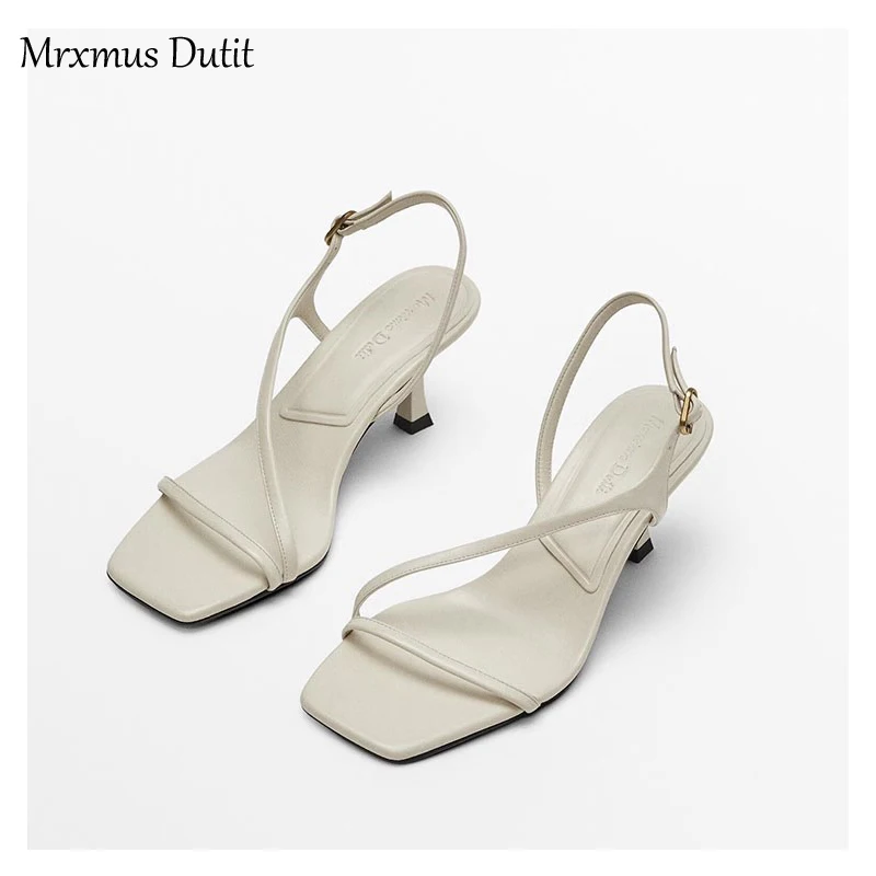 Mrxmus Dutit 2024 Summer Fashion Genuine Leather One Word Belt Stiletto High Heel Shoes Women Solid Simple Casual Sandal Female