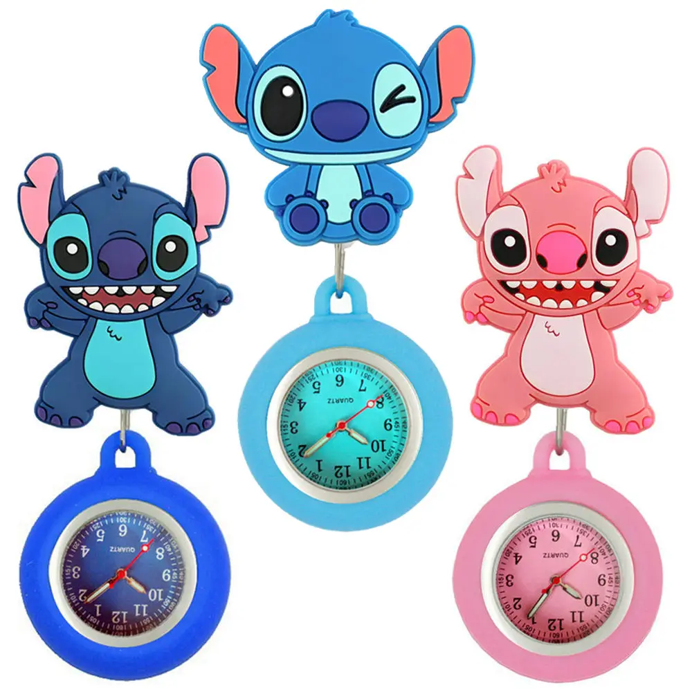 MINISO Cartoon Stitch Lovely Colourful Kids Students Nurse Doctor FOB Pocket Watches Badge Reel Clip Hang Medical Clock